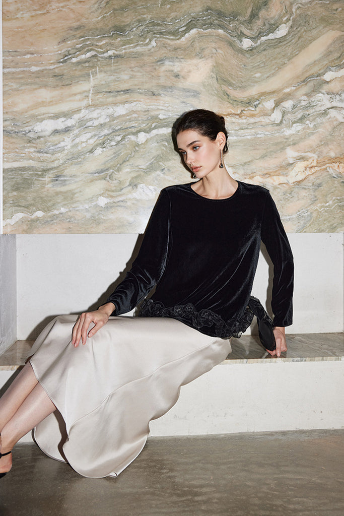 100% Silk Velvet Long Sleeve Ruffle Hem Blouse  Fibflx