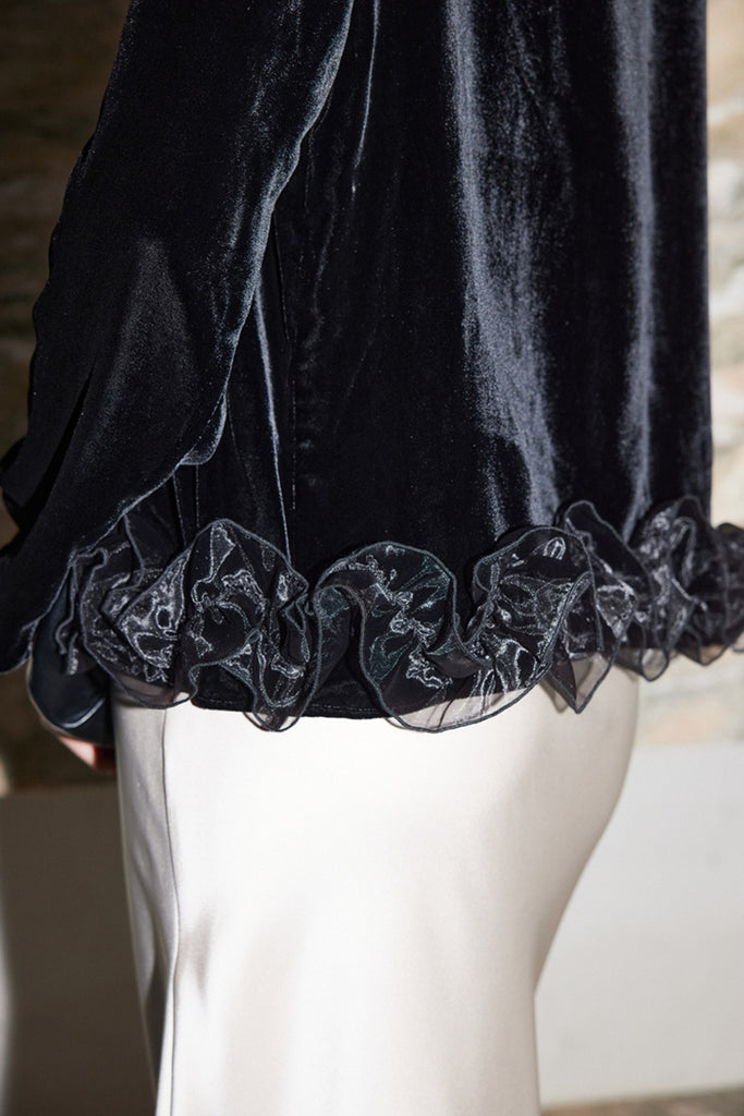 100% Silk Velvet Long Sleeve Ruffle Hem Blouse  Fibflx