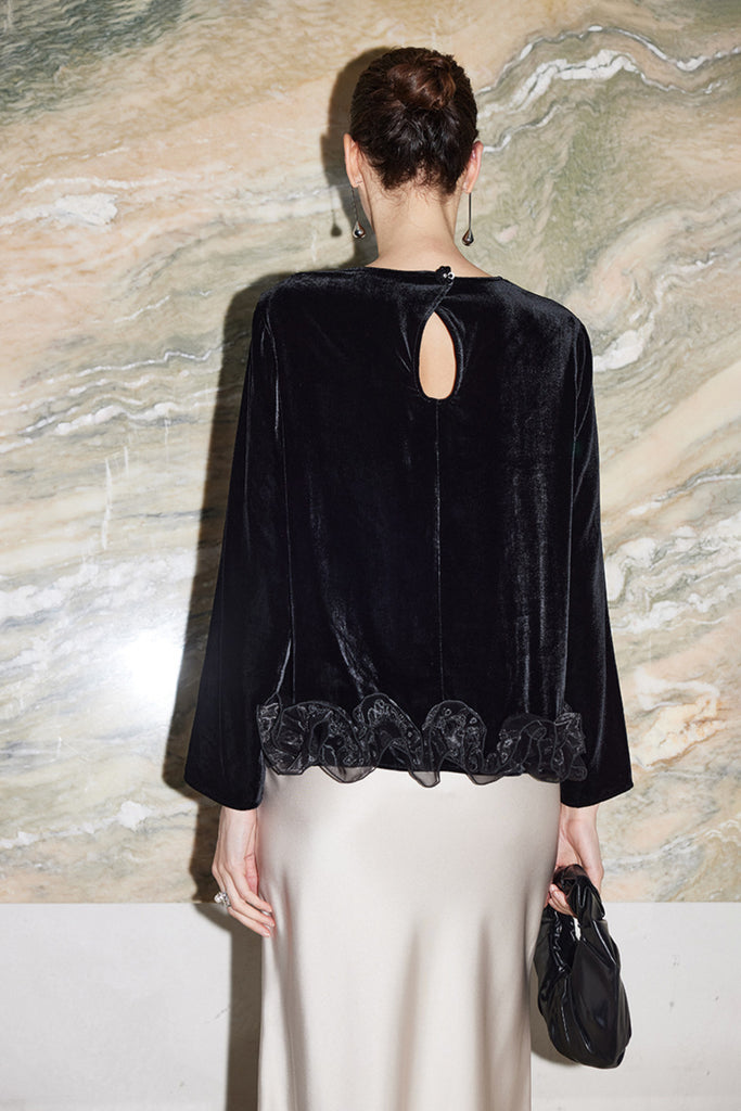 100% Silk Velvet Long Sleeve Ruffle Hem Blouse  Fibflx