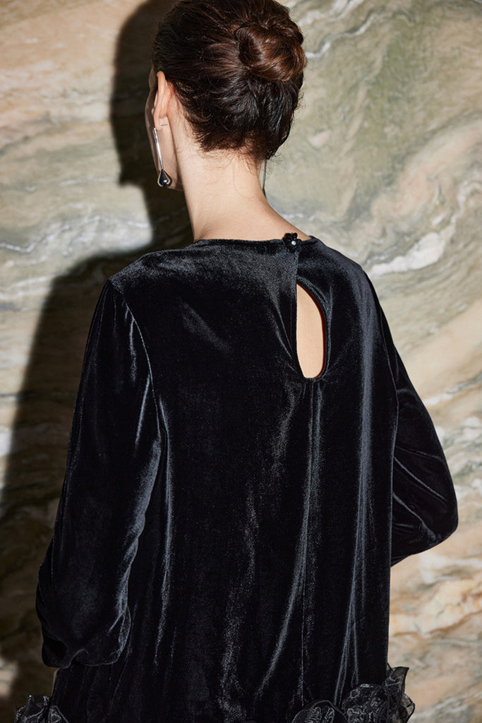 100% Silk Velvet Long Sleeve Ruffle Hem Blouse  Fibflx