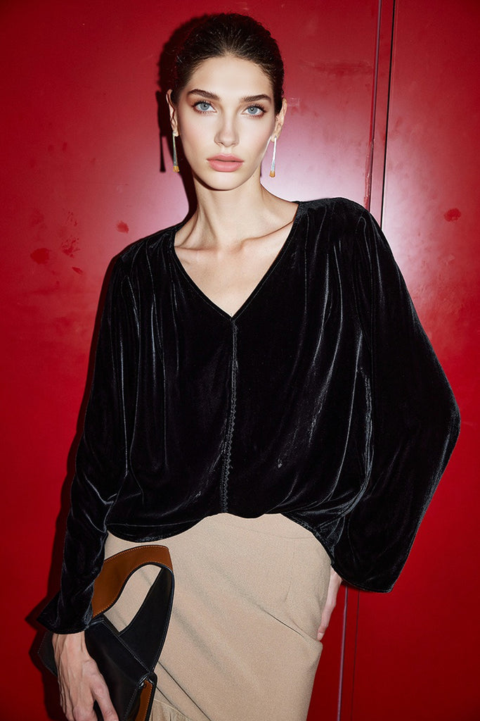 100% Silk Velvet Long Sleeve V-Neck Blouse  Fibflx