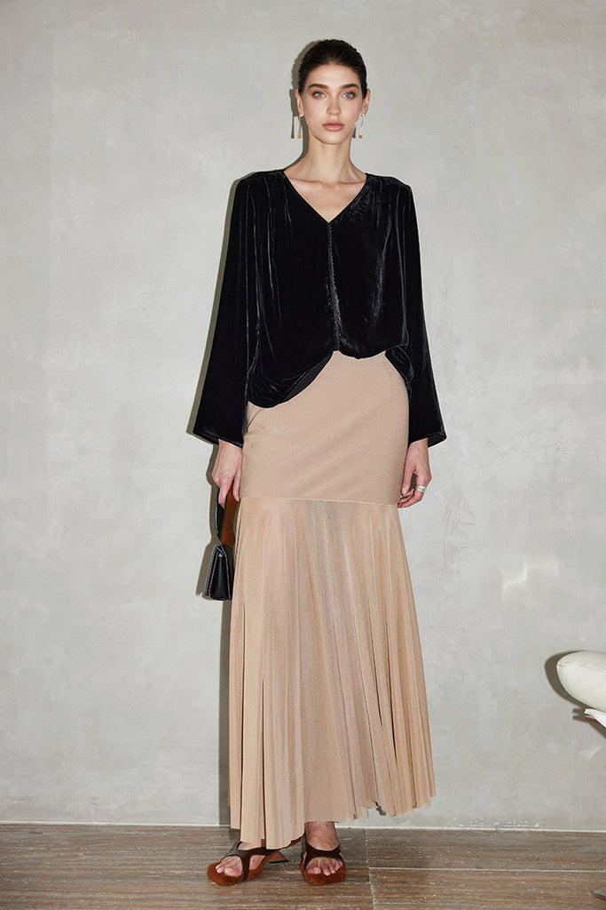 100% Silk Velvet Long Sleeve V-Neck Blouse  Fibflx