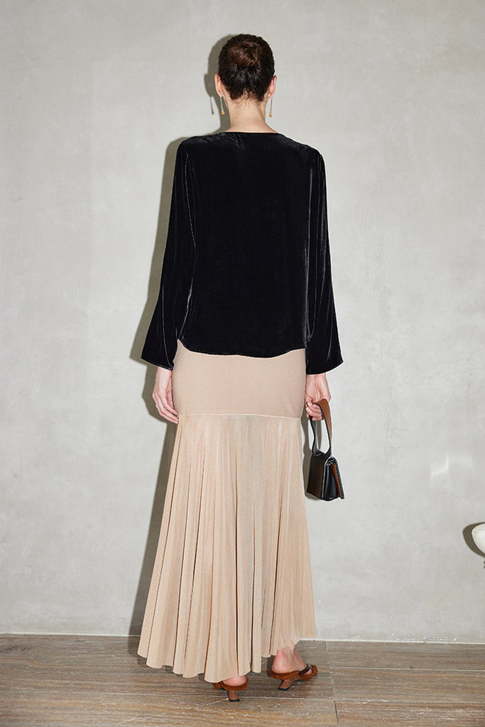 100% Silk Velvet Long Sleeve V-Neck Blouse  Fibflx