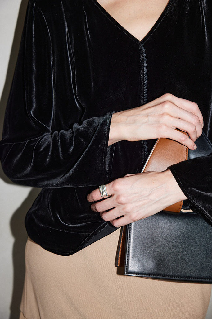 100% Silk Velvet Long Sleeve V-Neck Blouse  Fibflx