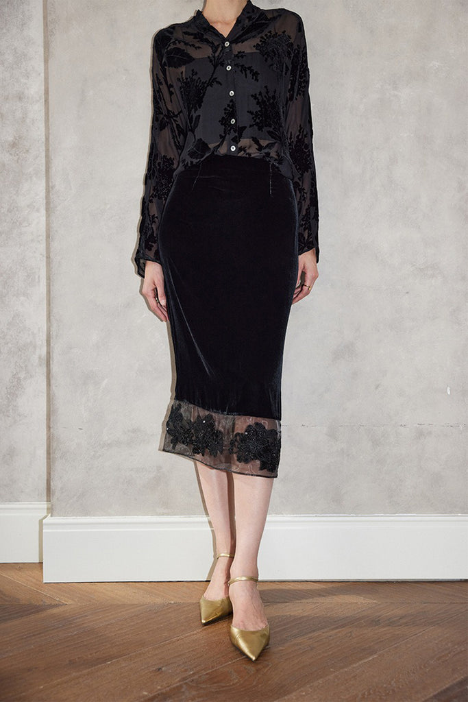 100% Silk Velvet Midi Skirt with Embroidered Organza Trim  Fibflx