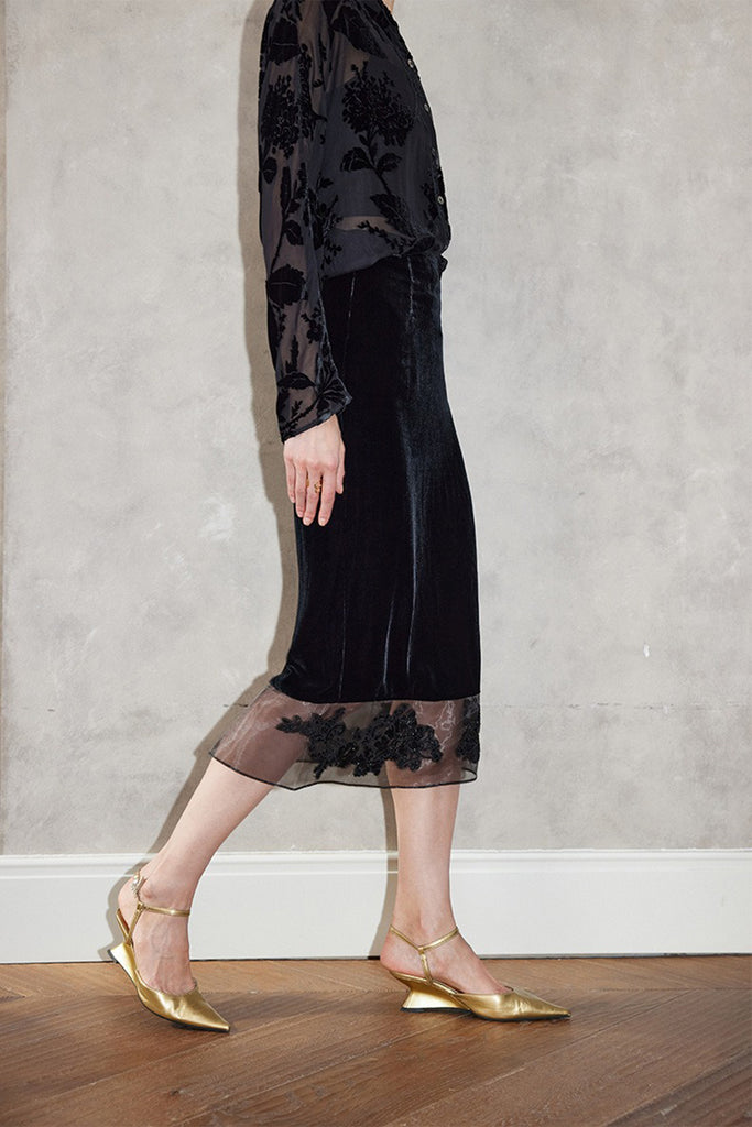 100% Silk Velvet Midi Skirt with Embroidered Organza Trim  Fibflx