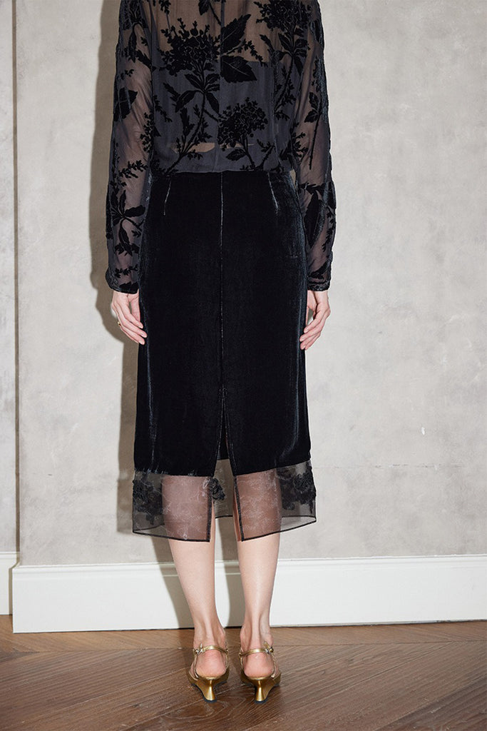 100% Silk Velvet Midi Skirt with Embroidered Organza Trim  Fibflx