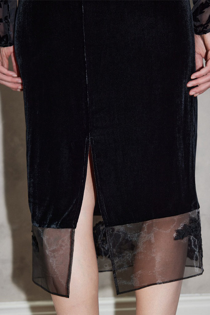 100% Silk Velvet Midi Skirt with Embroidered Organza Trim  Fibflx