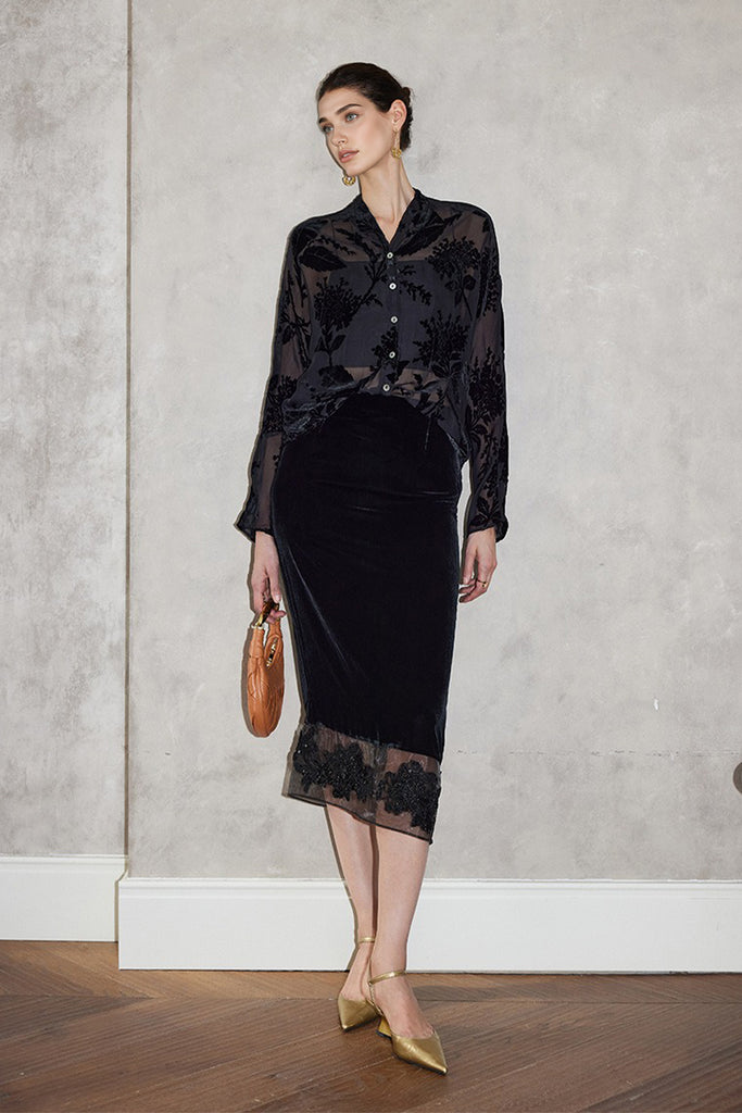 100% Silk Velvet Midi Skirt with Embroidered Organza Trim  Fibflx