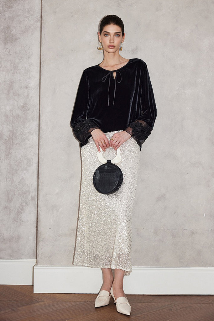 100% Silk Velvet Tie-Neck Blouse with Embroidered Organza Cuffs  Fibflx