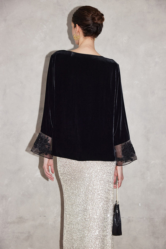 100% Silk Velvet Tie-Neck Blouse with Embroidered Organza Cuffs  Fibflx