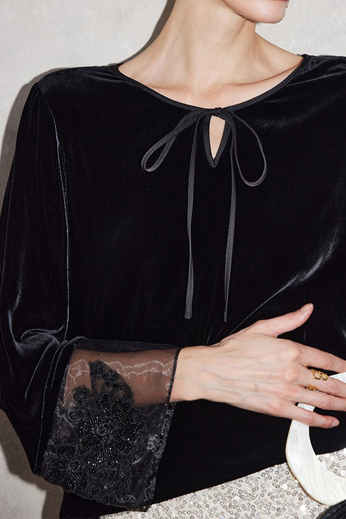 100% Silk Velvet Tie-Neck Blouse with Embroidered Organza Cuffs  Fibflx