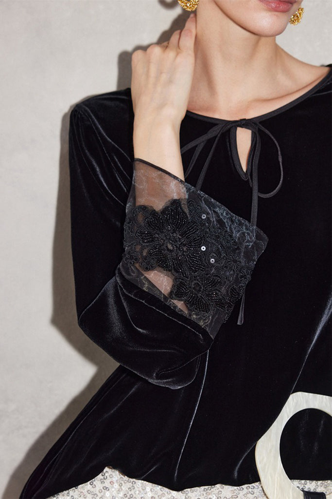 100% Silk Velvet Tie-Neck Blouse with Embroidered Organza Cuffs  Fibflx