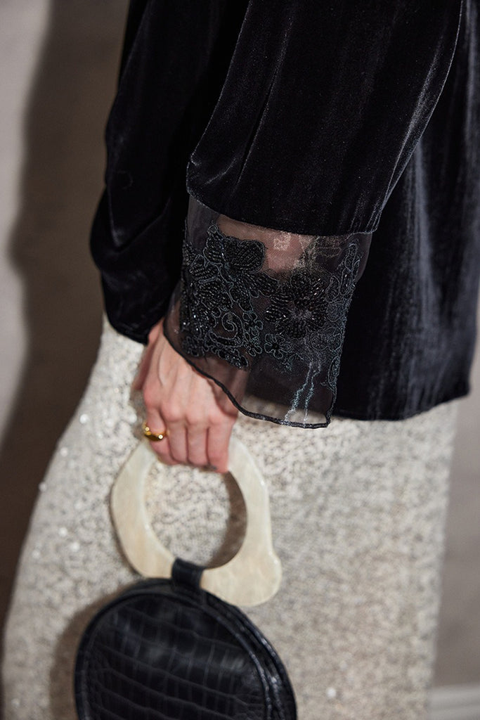 100% Silk Velvet Tie-Neck Blouse with Embroidered Organza Cuffs  Fibflx