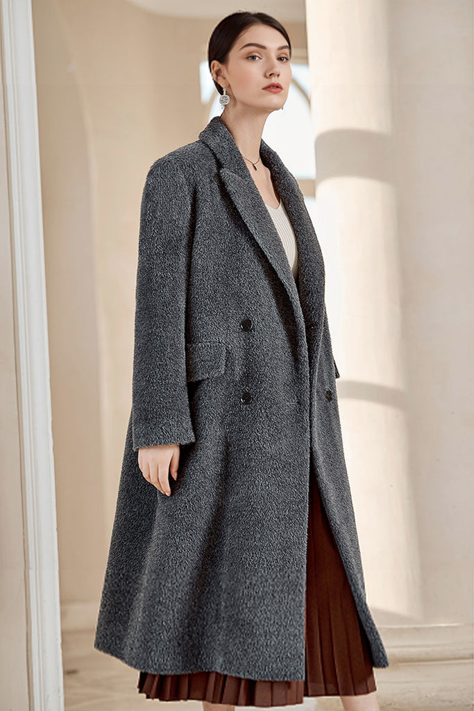 100% Suri Alpaca Wool Double-Breasted Long Coat  Fibflx