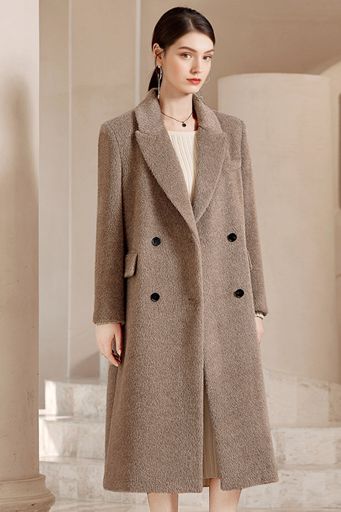 100% Suri Alpaca Wool Double-Breasted Long Coat  Fibflx