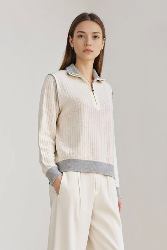 100% Wool Cable-Knit Half-Zip Polo Sweater - Fibflx
