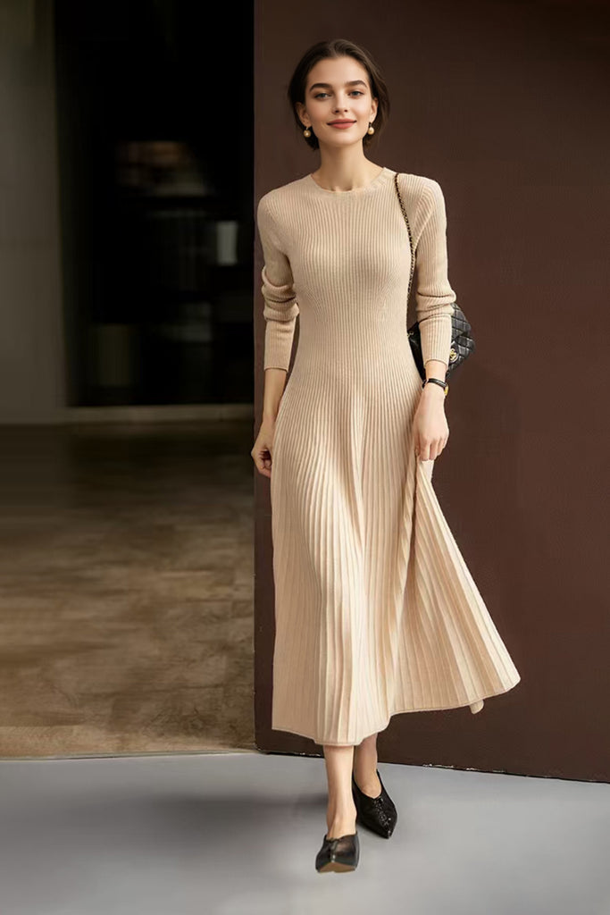 100% Wool Long Sleeve Crewneck Midi Sweater Dress  Fibflx