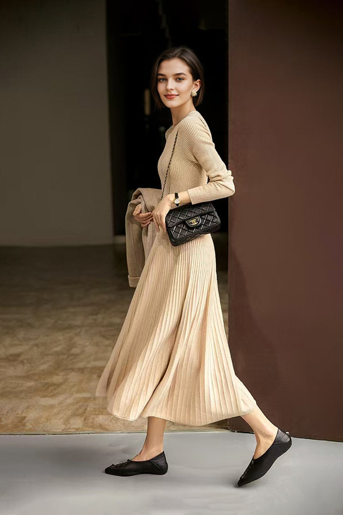 100% Wool Long Sleeve Crewneck Midi Sweater Dress  Fibflx