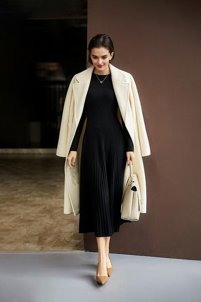 100% Wool Long Sleeve Crewneck Midi Sweater Dress  Fibflx