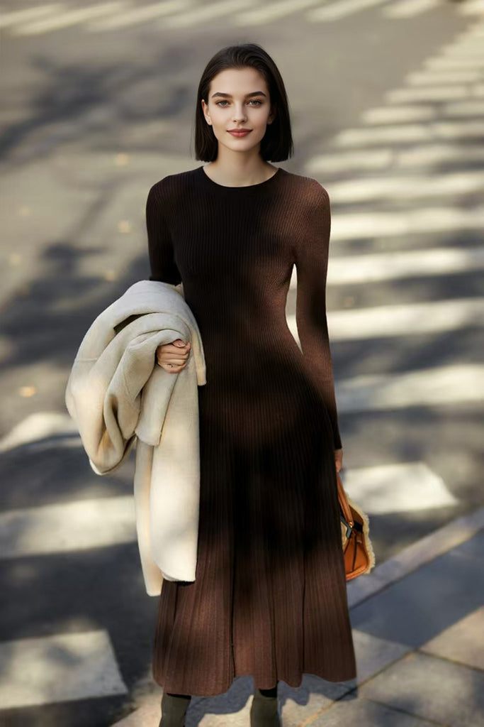 100% Wool Long Sleeve Crewneck Midi Sweater Dress  Fibflx