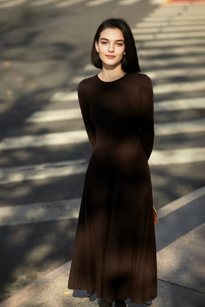 100% Wool Long Sleeve Crewneck Midi Sweater Dress  Fibflx