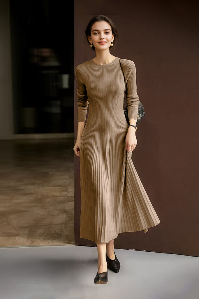 100% Wool Long Sleeve Crewneck Midi Sweater Dress  Fibflx