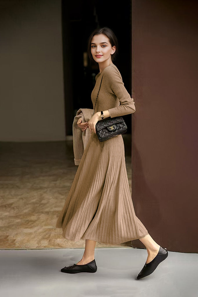 100% Wool Long Sleeve Crewneck Midi Sweater Dress  Fibflx