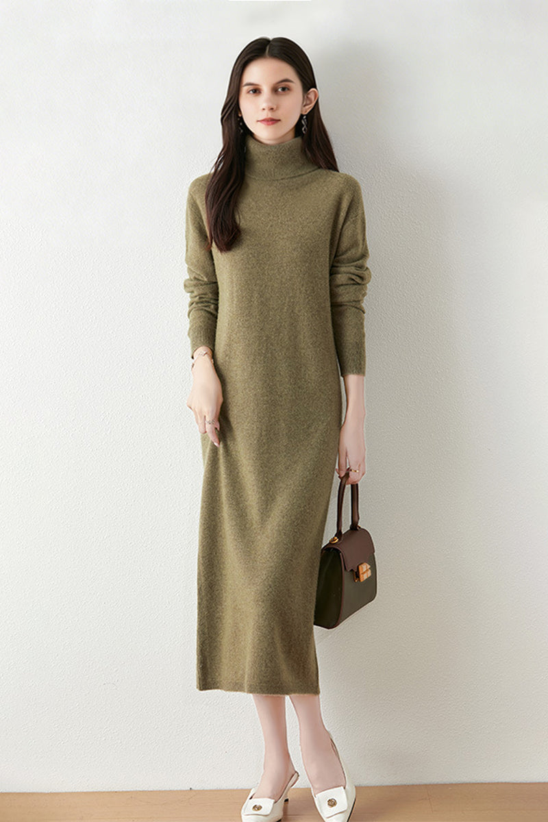 turtleneck midi sweater dress 100% Wool Long Sleeve Forest Green / XS Summer romance, in full relaxed fit maternity_workwear Inseam:X-Long