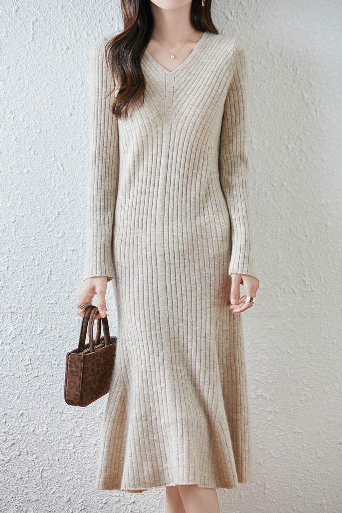 100% Wool Long Sleeve V-NecK Midi Sweater Dress Oatmeal Beige / XL Fibflx