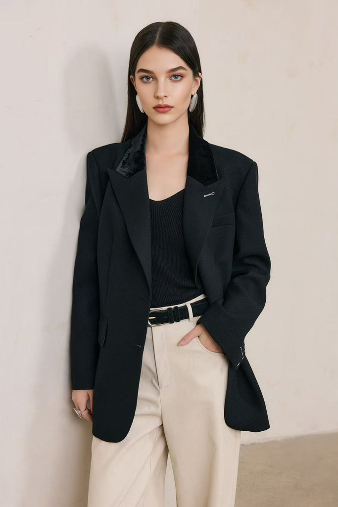 100% Wool Oversized Blazer with Velvet Collar  Fibflx