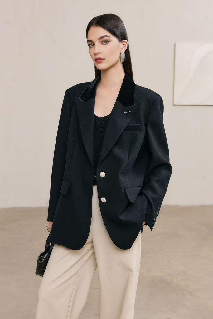 100% Wool Oversized Blazer with Velvet Collar  Fibflx