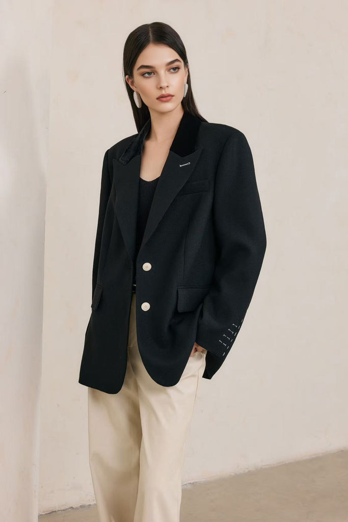 100% Wool Oversized Blazer with Velvet Collar  Fibflx