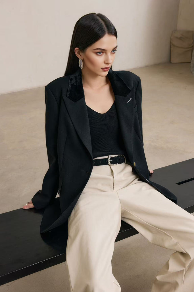 100% Wool Oversized Blazer with Velvet Collar  Fibflx