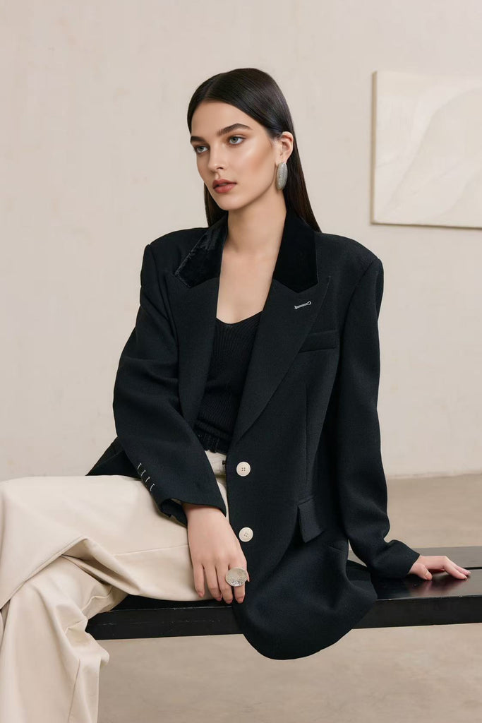 100% Wool Oversized Blazer with Velvet Collar  Fibflx