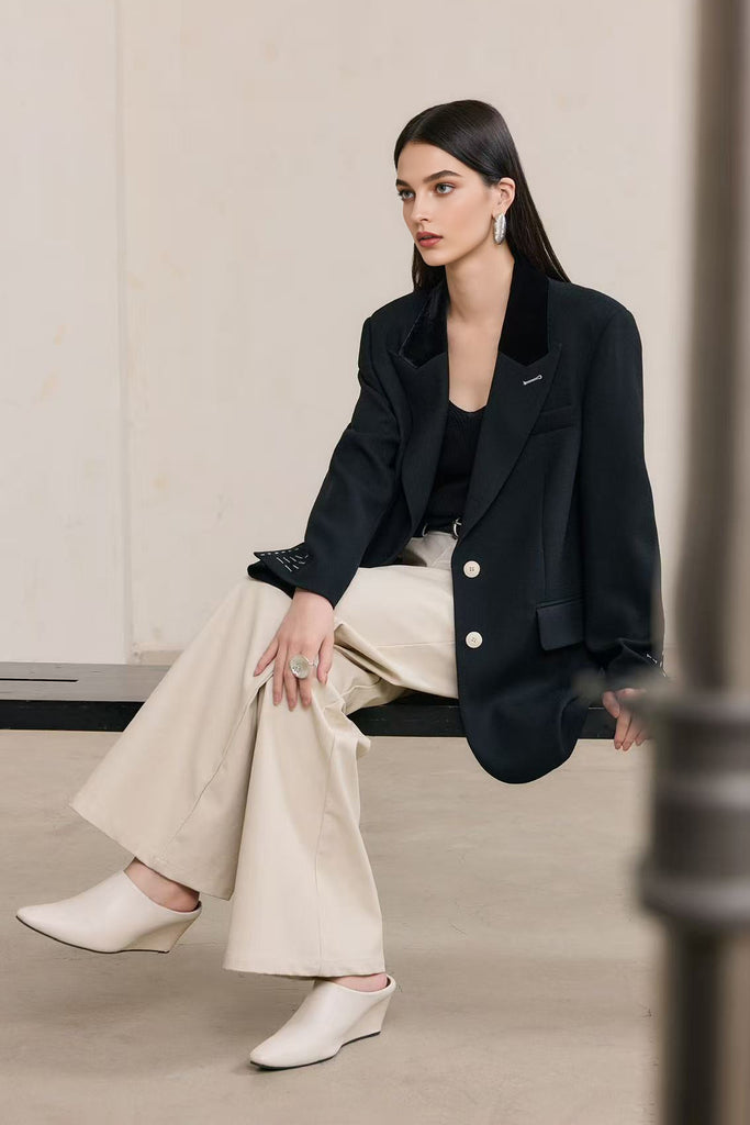 100% Wool Oversized Blazer with Velvet Collar  Fibflx