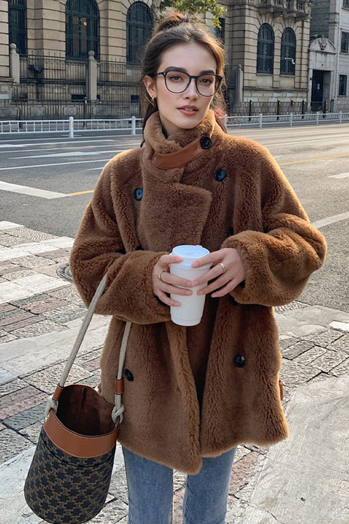 100% Wool Shearling & Faux Suede Teddy Coat  Fibflx