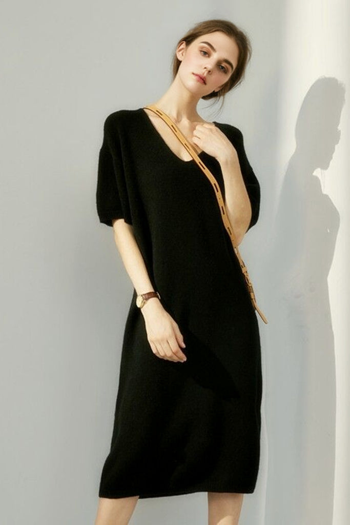 100% Wool Short Sleeve V-Neck Midi Sweater Dress  Fibflx