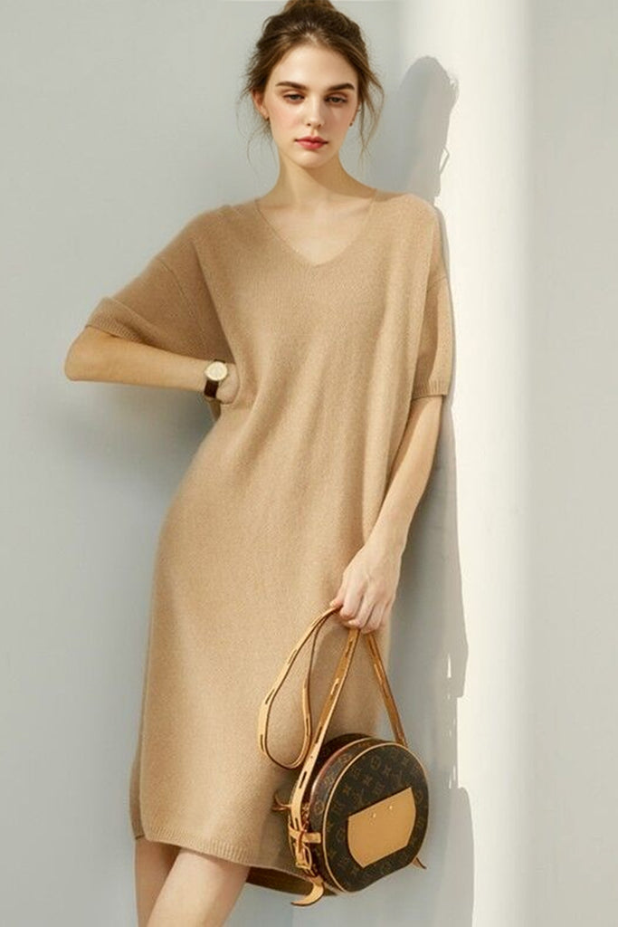 100% Wool Short Sleeve V-Neck Midi Sweater Dress  Fibflx