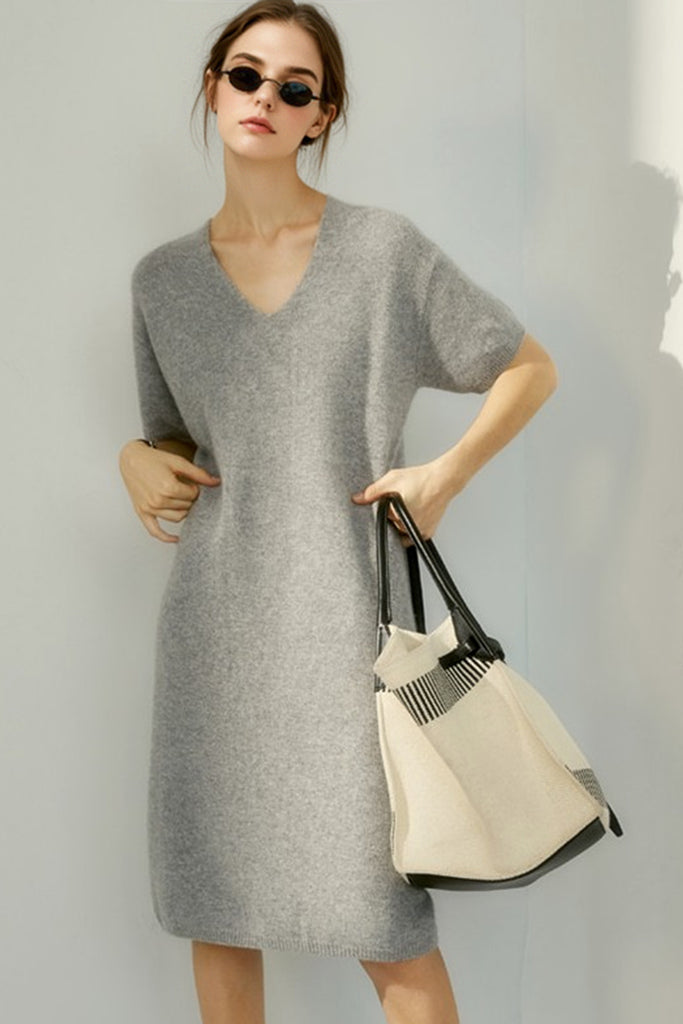 100% Wool Short Sleeve V-Neck Midi Sweater Dress  Fibflx