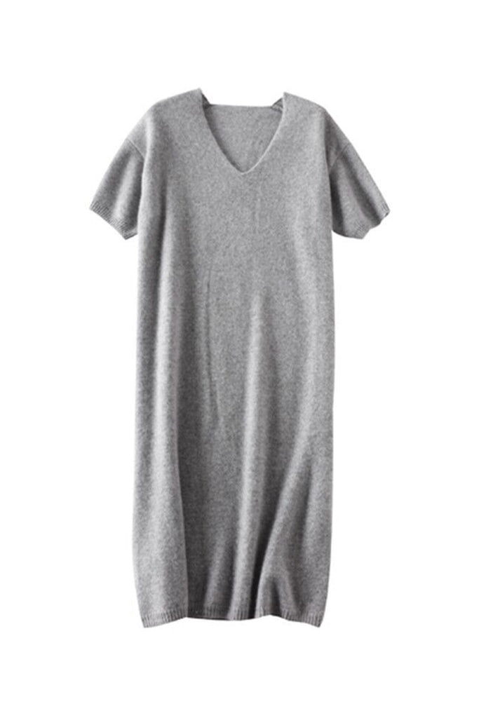 100% Wool Short Sleeve V-Neck Midi Sweater Dress  Fibflx