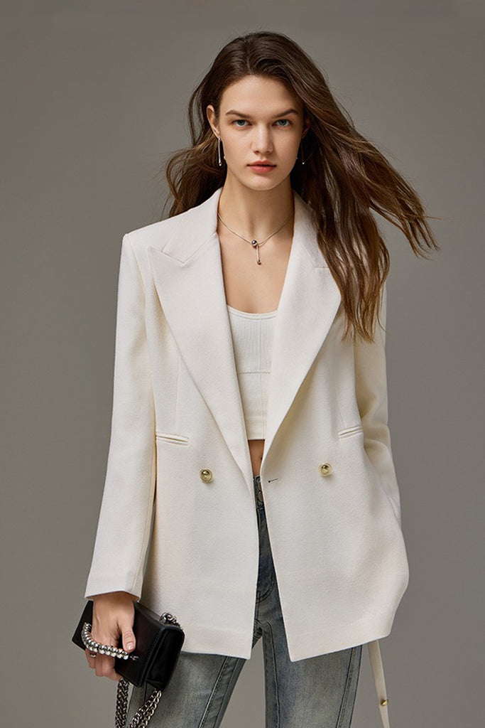 100% Wool Tailored Double-Breasted Blazer with Belt  Fibflx