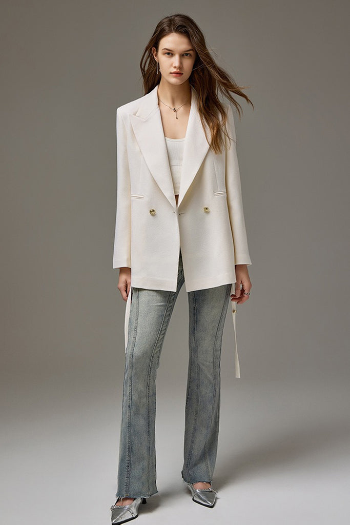 100% Wool Tailored Double-Breasted Blazer with Belt  Fibflx