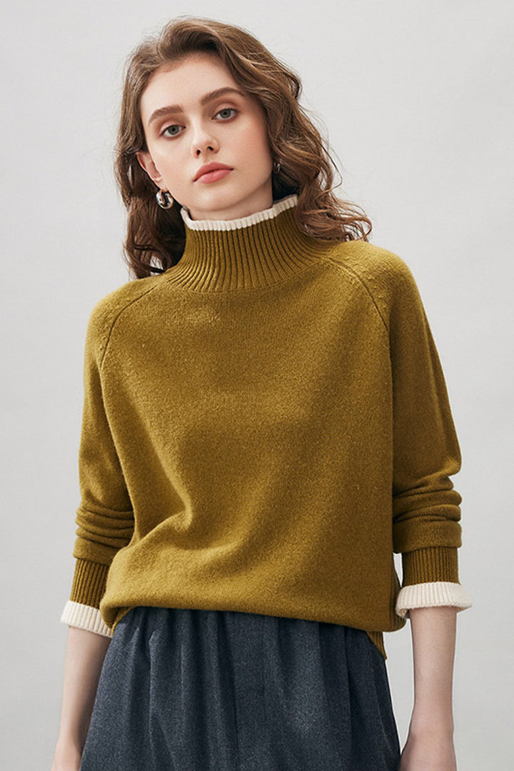 100% Wool Turtleneck Contrast-Trim Sweater  Fibflx