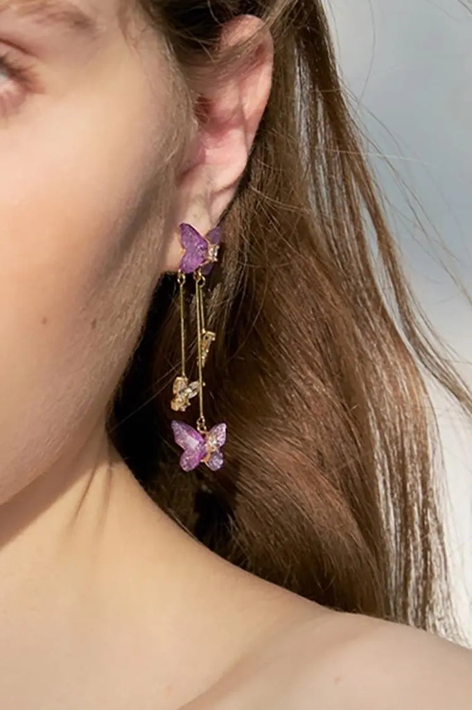 Fibflx Women's 14K Gold Plated Purple Butterfly Earrings with Glimmer Gem