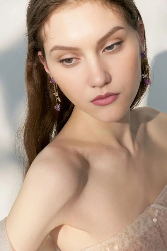 Fibflx Women's 14K Gold Plated Purple Butterfly Earrings with Glimmer Gem