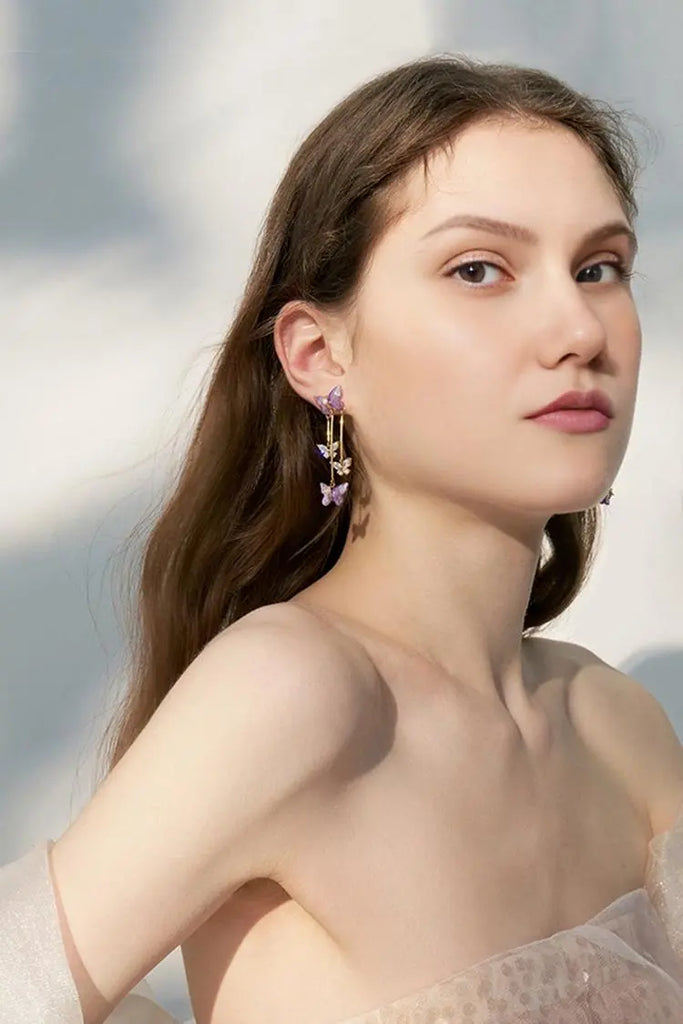 Fibflx Women's 14K Gold Plated Purple Butterfly Earrings with Glimmer Gem