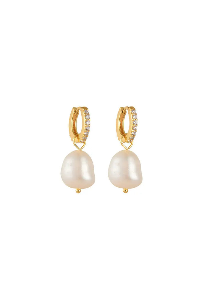 14K Gold Plated Sterling Silver Huggie Pearl Drop Earrings Fibflx