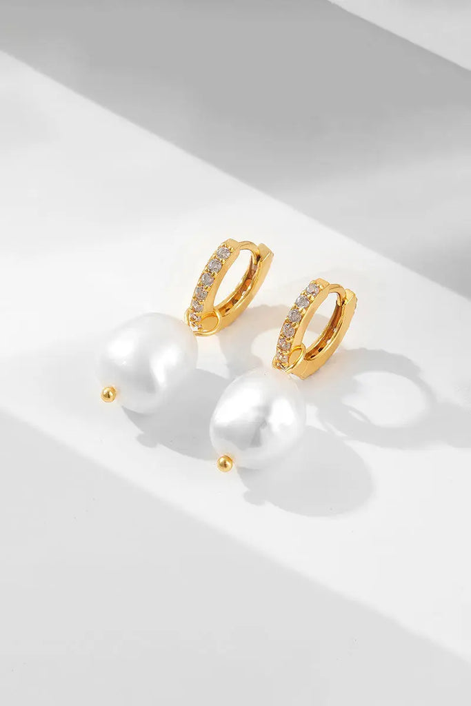 14K Gold Plated Sterling Silver Huggie Pearl Drop Earrings Fibflx