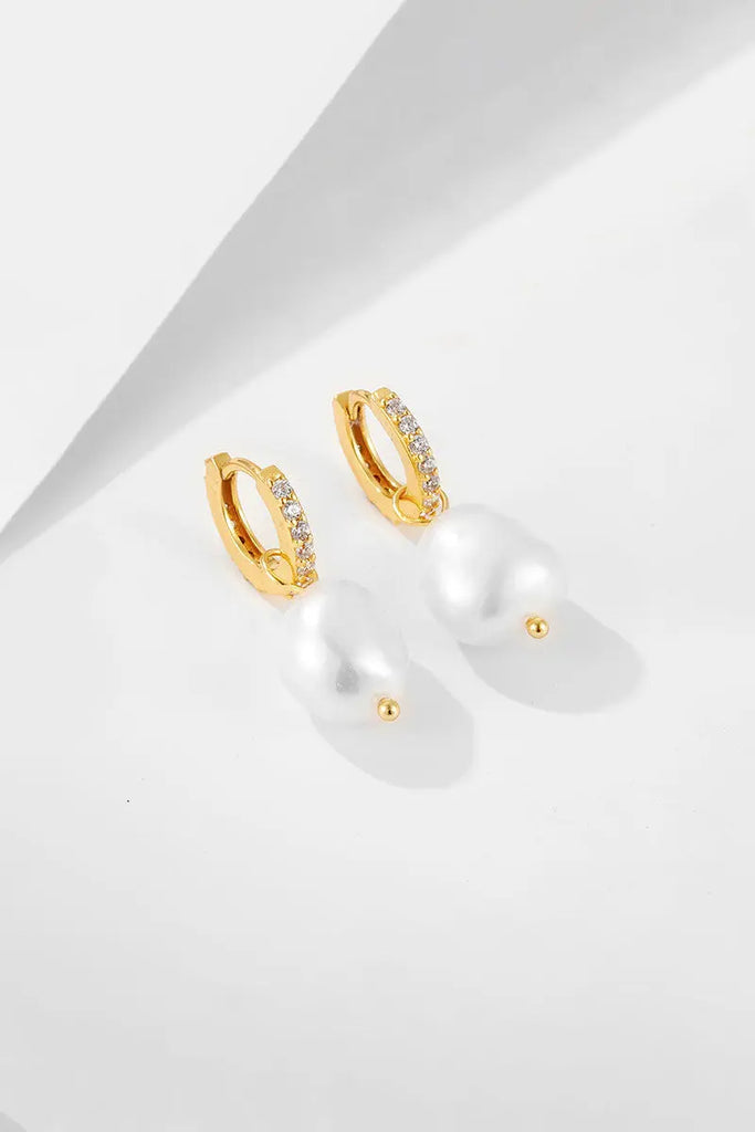 14K Gold Plated Sterling Silver Huggie Pearl Drop Earrings Fibflx